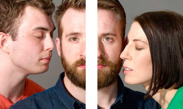 un hombre con una mujera a la derecha y un hombre a la izquierda muy cerca (bisexual)