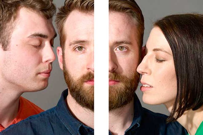 un hombre con una mujera a la derecha y un hombre a la izquierda muy cerca (bisexual)